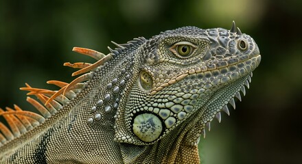 Obraz premium Macro photography of a lizard with detailed scales and focus on the eyes, natural habitat, soft lighting