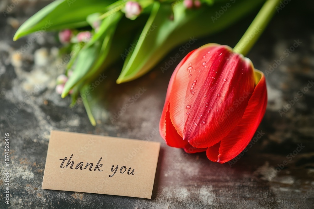 Aufkleber Beautiful red tulip resting beside a thank you note on a textured background with soft light