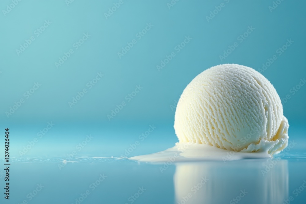 Aufkleber Ice cream scoop melting on a light blue surface in a cool and refreshing setting during a sunny day