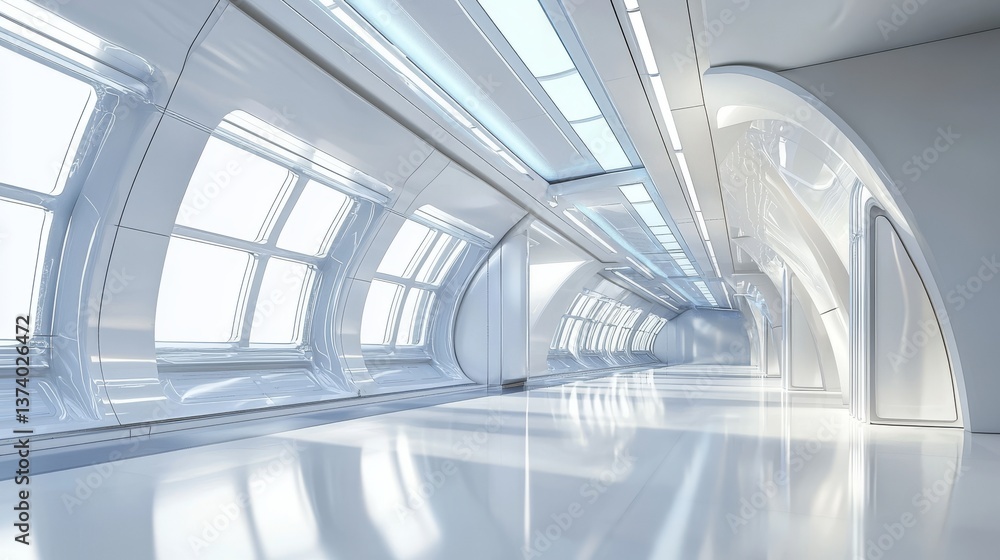 Poster a white corridor characteristic of sci-fi settings is rendered in 3d, and could be part of either a 