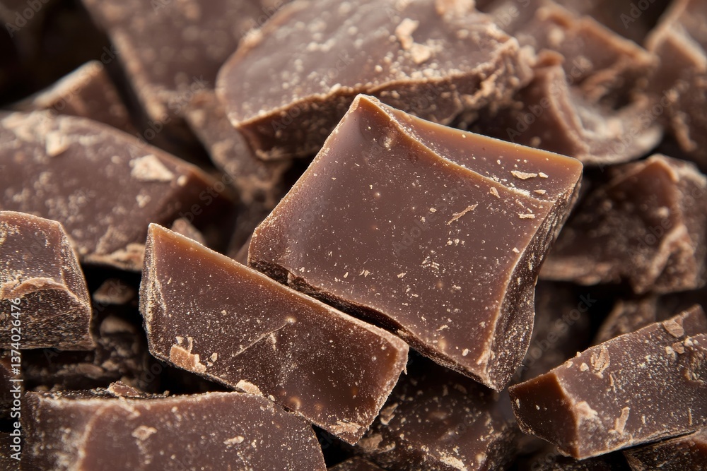 Poster chunks of dark chocolate arranged closely, showcasing textures and surfaces in a kitchen setting