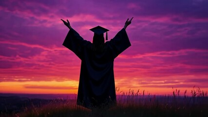 Celebration of achievement at dusk with graduate wearing cap and gown in silhouette against colorful sky