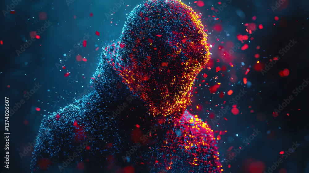 Poster human figure of code shattering as malware streams flood its body, representing a zero-day vulnerabi
