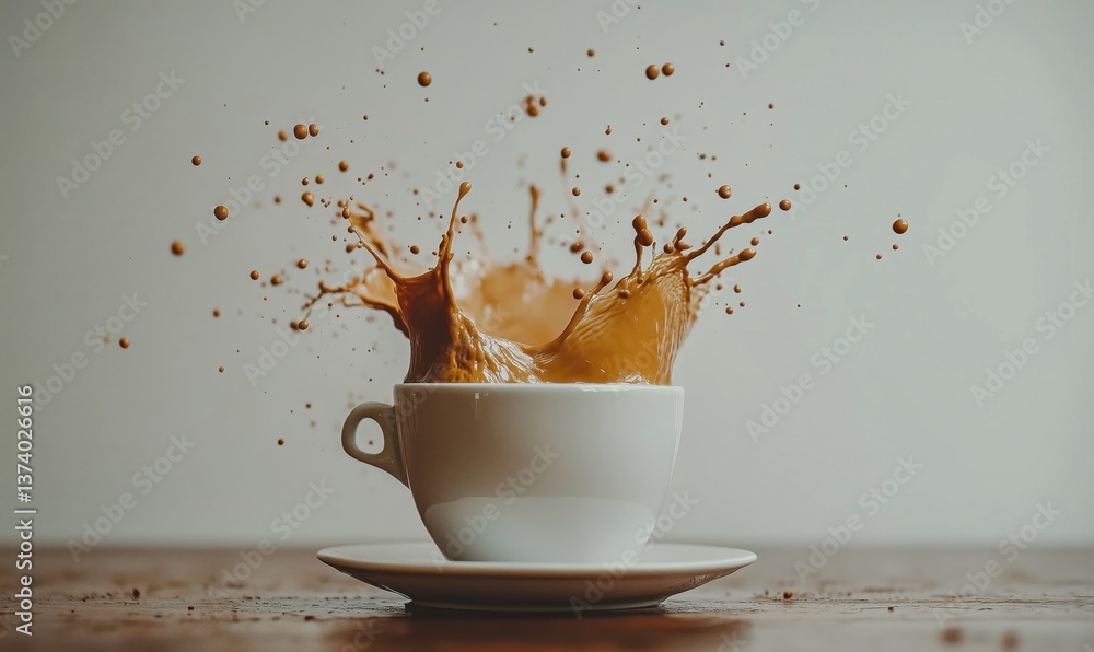 Poster coffee splash in white cup creating dynamic and artistic visual effect