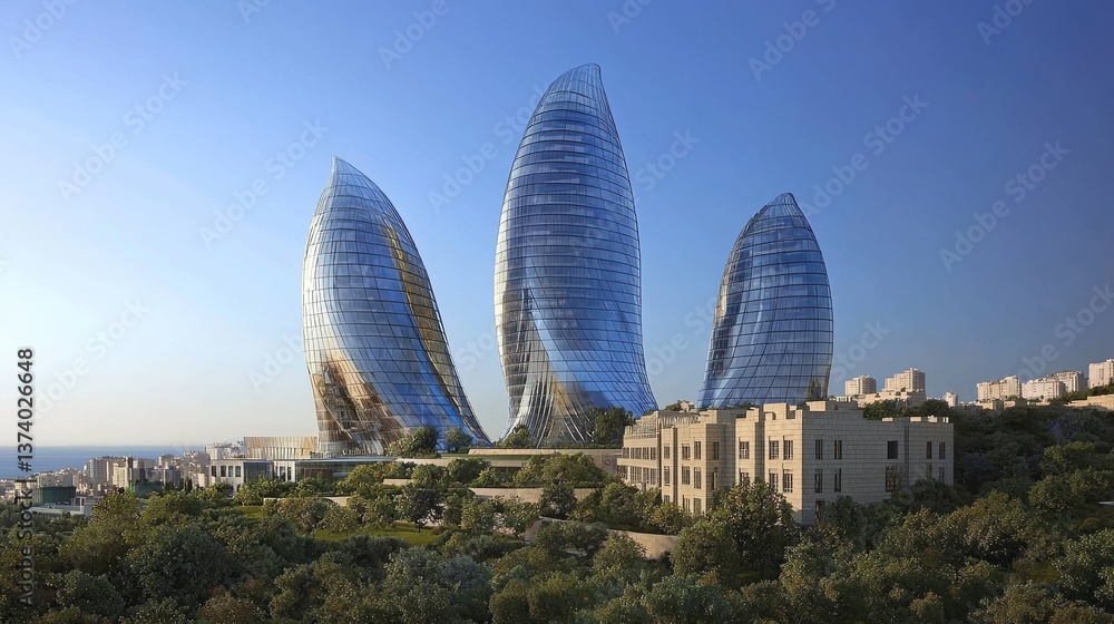 Poster a futuristic city skyline is depicted in 3d, isolated against a black background, with a clipping pa
