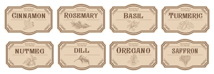 Set of spice jar labels with herbs sketches, basil, oregano, dill, rosemary, cinnamon, nutmeg. Packaging and labeling template. Organic, natural flavor kitchen stickers. Vintage vector illustrations © Creative_Juice_Art