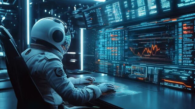 An astronaut monitors system data and communications in a high tech control room while on a deep space exploration mission