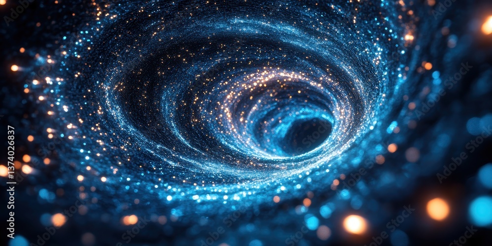 Poster celestial portal: a mesmerizing vortex of cosmic energy, swirling with luminous particles and hintin