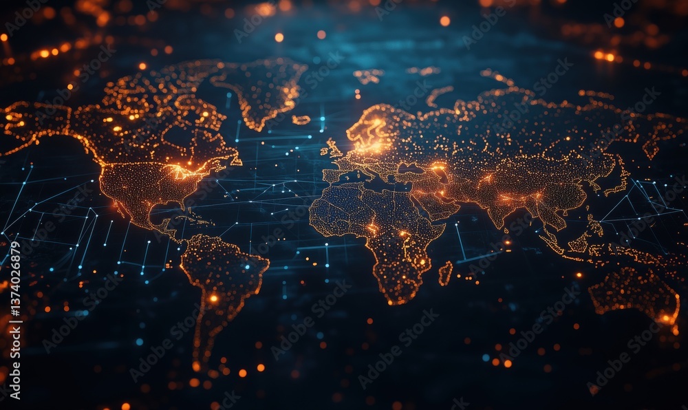 Poster illuminated world map with network connections and data visualization elements