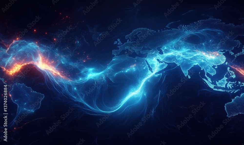 Poster illuminated world map with dynamic energy flow and cosmic elements