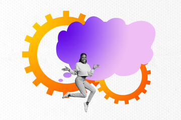 Composite sketch image design trend artwork collage of vacancy office entrepreneur manager cogwheel mind cloud think young lady jump smile