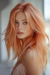Naklejka premium Portrait of a young freckled woman with flowing peach-colored hair and blue eyes, wearing a delicate pink dress in soft light.