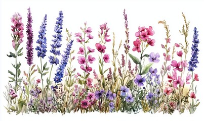 Naklejka premium Colorful watercolor wildflower illustration featuring various floral species