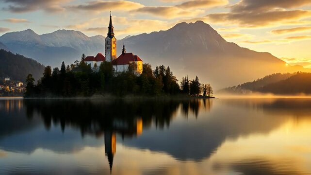 Beautiful sunrise over Bled Island with church and mountains reflecting in calm lake water