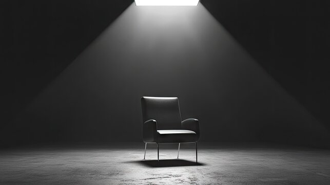 A modern chair centered in an empty room with a spotlight creating contrast
