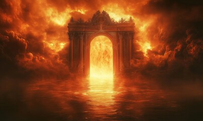 Fototapeta premium Mysterious fiery portal emerging from turbulent waters under dramatic clouds