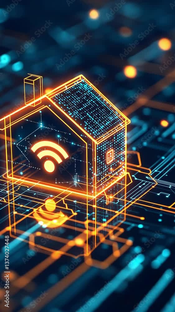 Poster a digital representation of a house icon connected to a wireless network, showcasing an advanced tec