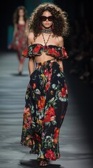 Obraz premium Dramatic runway moment: a model strides confidently in a striking black & red floral dress, sunglasses adding an edgy flair