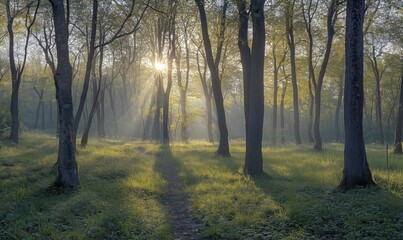 Fototapeta premium Sunlight Streaming Through Trees in Serene Forest Landscape