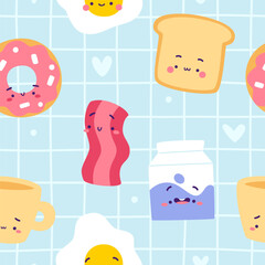 Cute breakfast pattern . Seamless vector print with adorable morning food characters.
