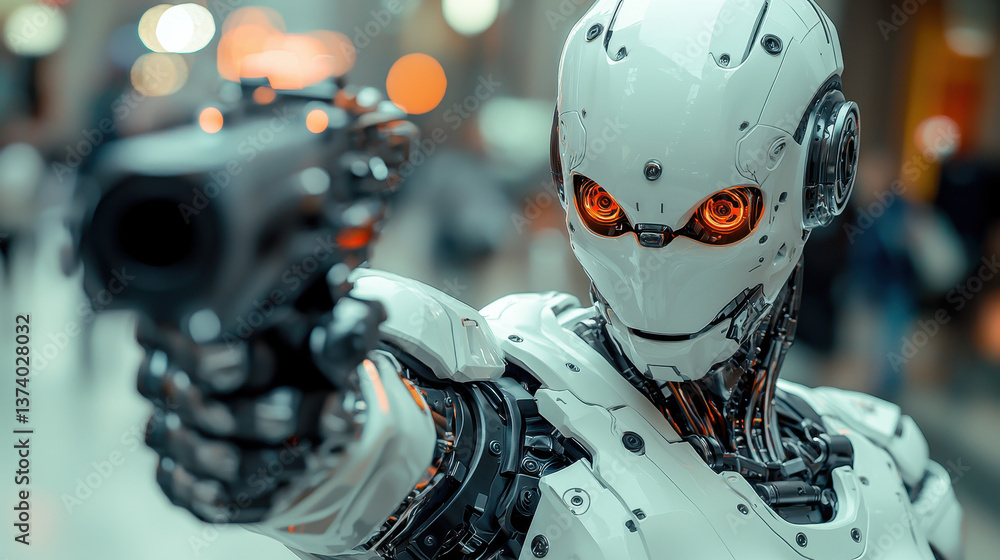 Poster hyper-realistic humanoid war machine scans for threats in a futuristic battlefield equipped with adv