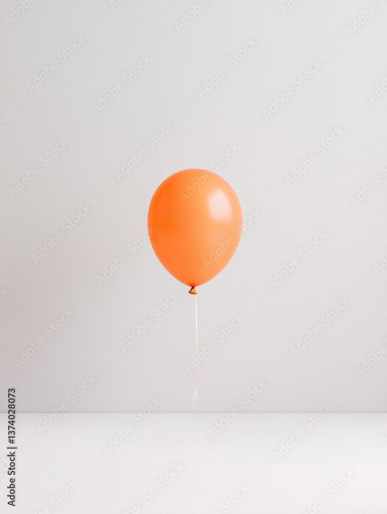 Poster orange balloon floating in the air against a plain white background. the balloon is in the center of