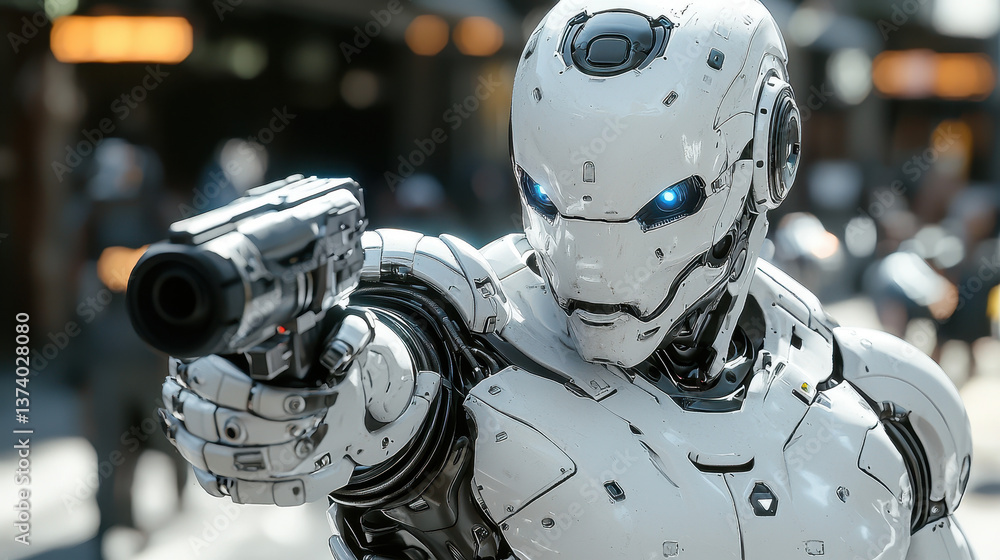 Poster hyper-realistic humanoid war machine with advanced targeting system scans for threats in futuristic 