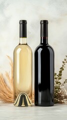 Naklejka premium Two bottles of wine, one red and one yellow, sit on a white marble table, softly illuminated to highlight their quality and detail.