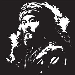 Portrait of Kazakh ancient warrior silhouette in black and white stencil style. Vector illustration.