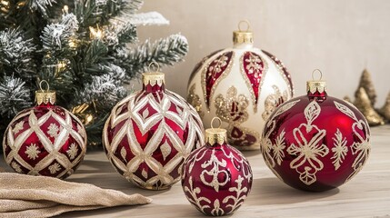 A set of holiday decorations arranged with a main ornament as the highlight