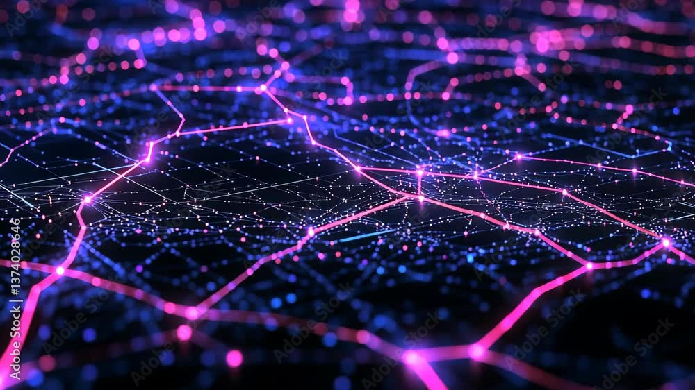 Poster digital network visualization depicting interconnected nodes and pathways in vibrant colors