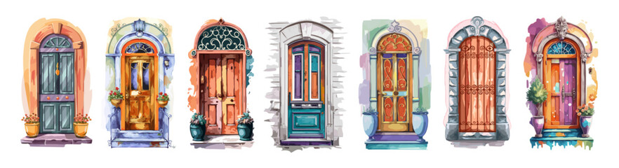 Set of doors with different colors and designs. The doors are painted in various shades of blue, green, and orange. Watercolor style colorful vector illustrations isolated