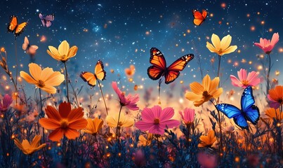 Colorful butterflies fluttering among vibrant flowers under starry night sky