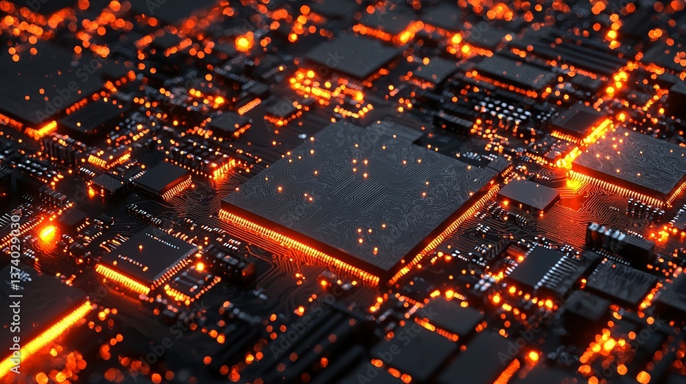 Poster a 3d render illustrates a futuristic motherboard equipped with a microchip, demonstrating an advance