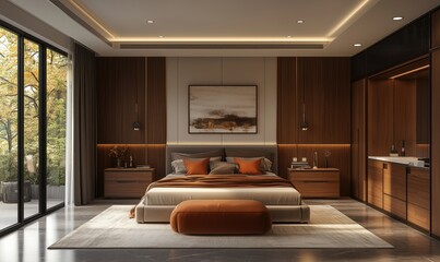 Fototapeta premium Modern luxury bedroom design with warm tones and natural light