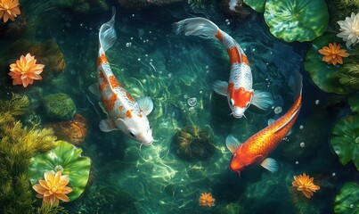 Colorful koi fish swimming in serene pond with lily pads and flowers