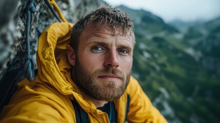 A rugged climber with a determined expression rests on a cliff edge, immersed in breathtaking mountain scenery, illustrating strength and the allure of nature's majestic landscapes.