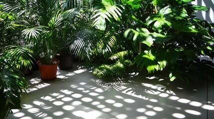 Fototapeta premium Sunlight streaming through a greenhouse, casting light patterns on the floor