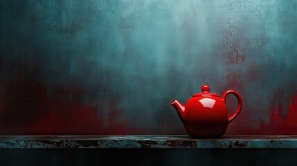 A vibrant red teapot is positioned on a rustic shelf, contrasting beautifully with a textured background, adding an artistic flair and warmth to the minimalist scene.