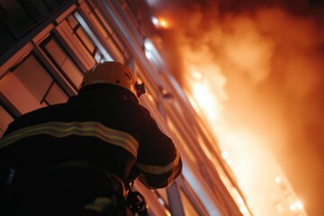 A brave firefighter looks up at a towering inferno, illuminated by the flames that engulf the building, showcasing the courage and dedication of fire rescue professionals.