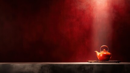 A striking red teapot positioned elegantly against a textured, red wall, creating a warm and inviting atmosphere ideal for culinary or decorative themes.