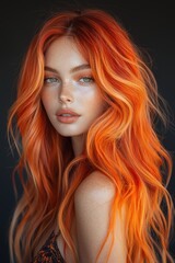 Fototapeta premium Striking portrait of a woman with bold wavy orange hair and freckles, styled in a modern fashion look against a dark background.