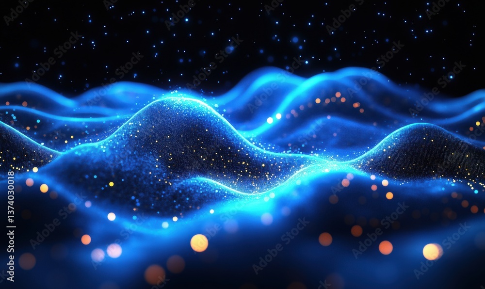 Poster glowing blue waves with sparkling particles creating a mesmerizing abstract background