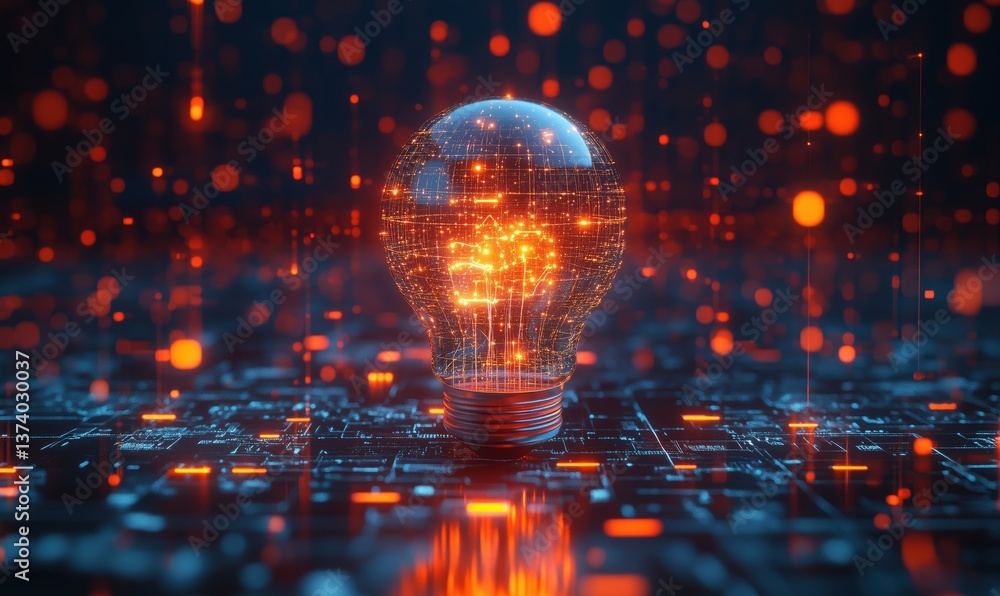 Poster glowing light bulb with digital network design representing innovation and technology