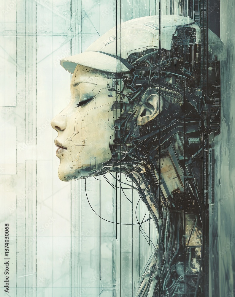 Aufkleber a futuristic backdrop features a cyborg head with a visible mechanism shown in profile