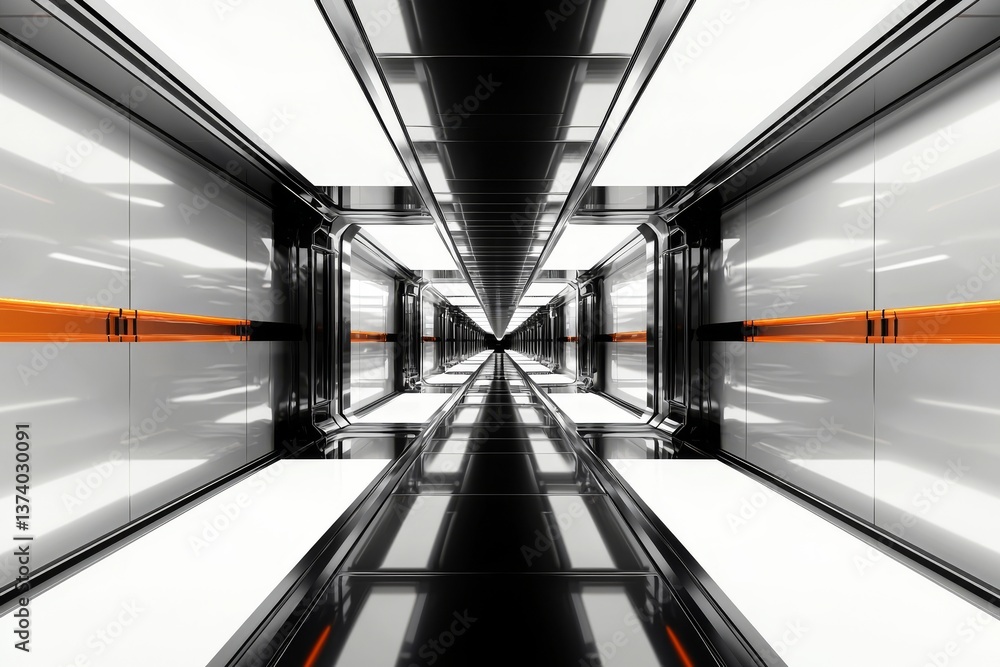 Poster a futuristic corridor inside a spaceship or space station is depicted in a three-dimensional render