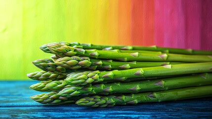 Bundle of green asparagus with export growth charts on a pastel background