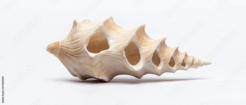 Poster photograph of a conch shell. the shell is light beige in color and has a smooth texture. it has a po