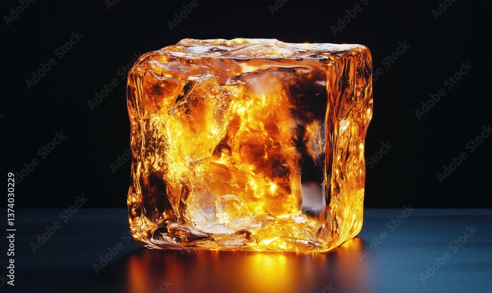 Aufkleber glowing amber ice cube with intricate textures and reflections on dark background