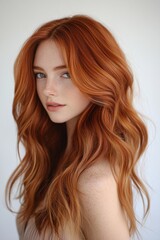 Naklejka premium Close-up portrait of a young woman with long, wavy red hair and freckles, gazing softly at the camera against a white background.